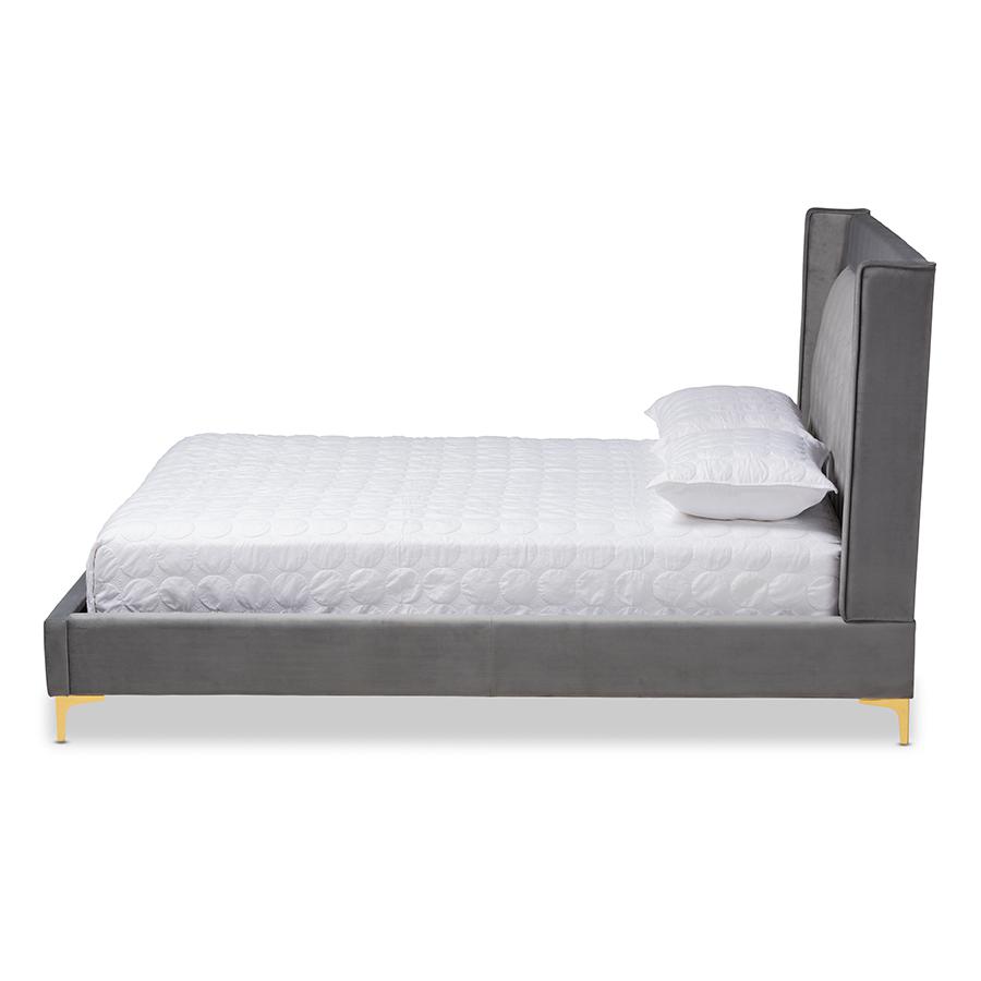Baxton Studio Valery Modern and Contemporary Dark Gray Velvet Fabric Upholstered Queen Size Platform Bed with Gold-Finished Legs. Picture 3