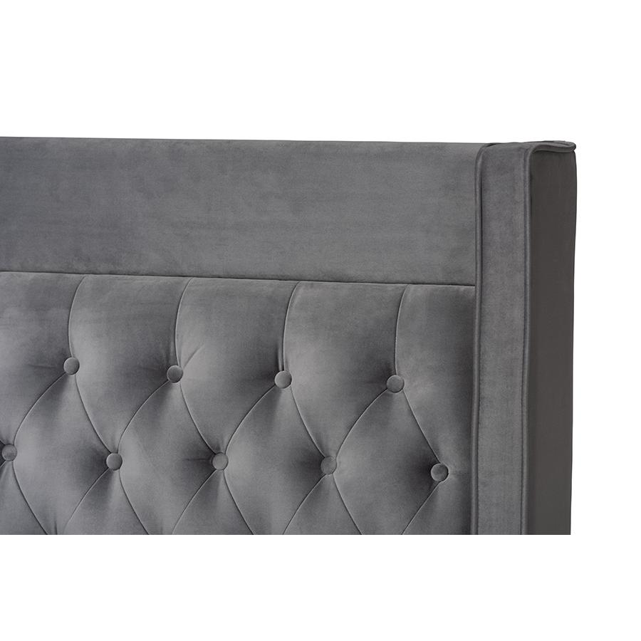 Baxton Studio Valery Modern and Contemporary Dark Gray Velvet Fabric Upholstered Queen Size Platform Bed with Gold-Finished Legs. Picture 5