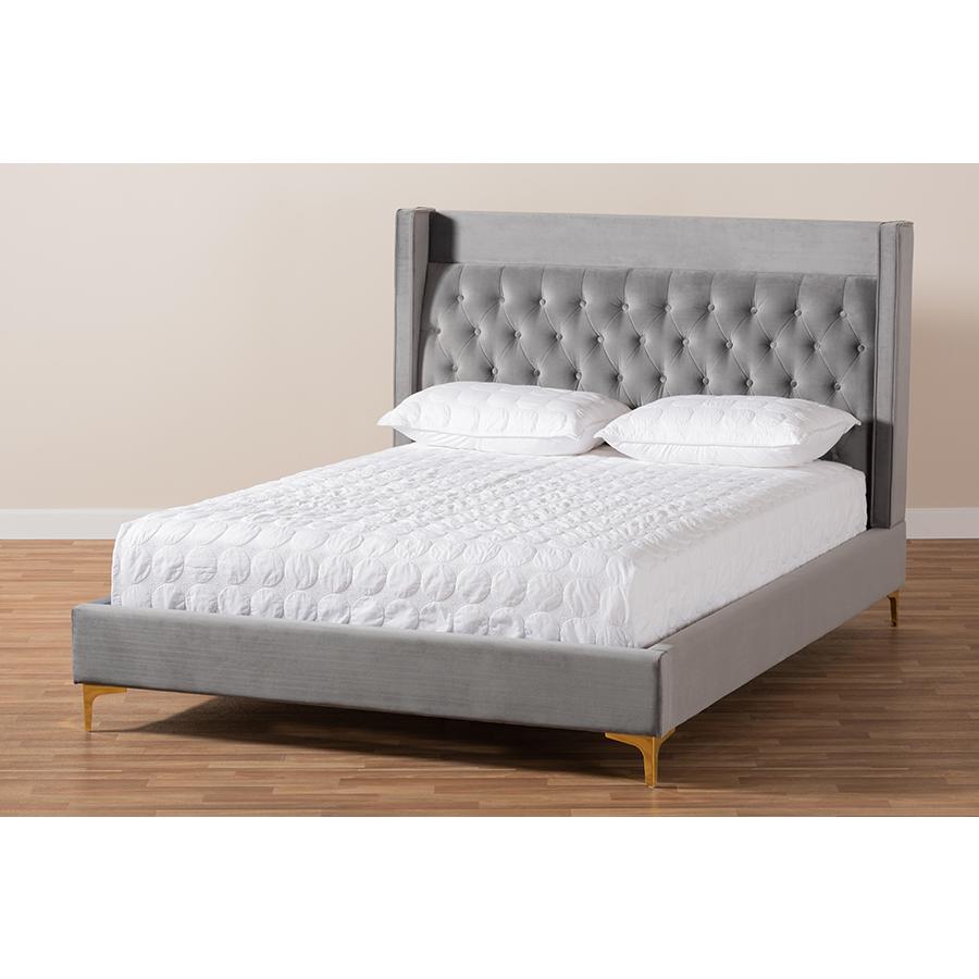 Baxton Studio Valery Modern and Contemporary Dark Gray Velvet Fabric Upholstered Queen Size Platform Bed with Gold-Finished Legs. Picture 8
