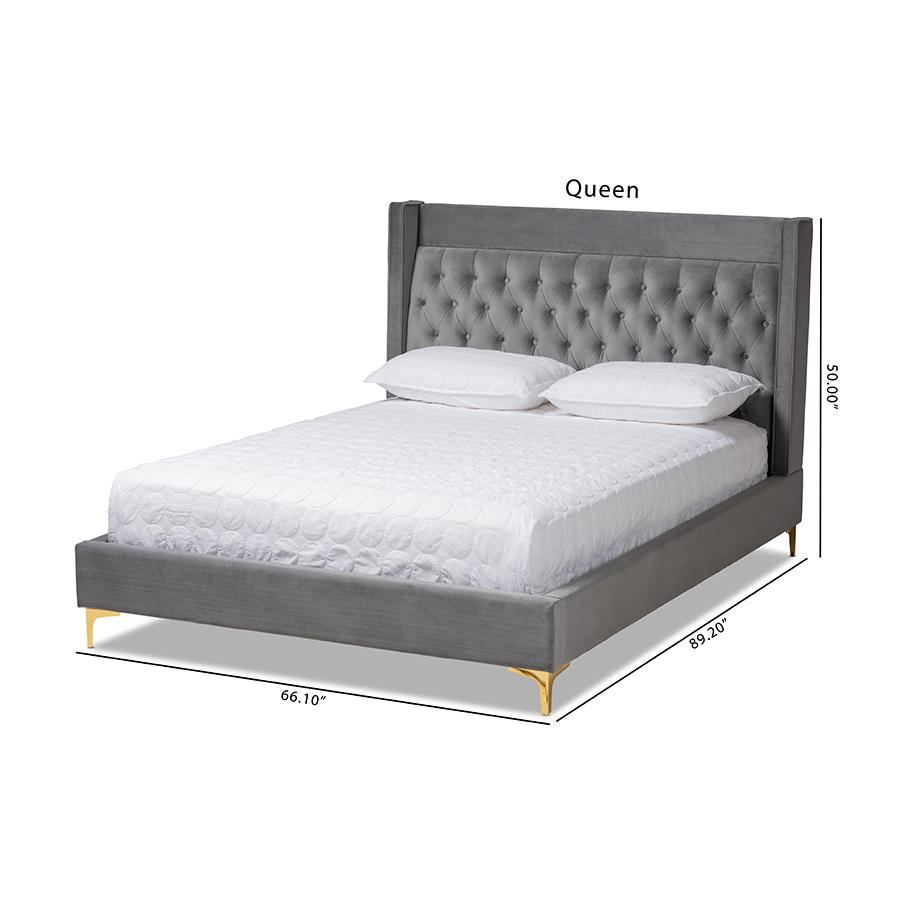 Baxton Studio Valery Modern and Contemporary Dark Gray Velvet Fabric Upholstered Queen Size Platform Bed with Gold-Finished Legs. Picture 9