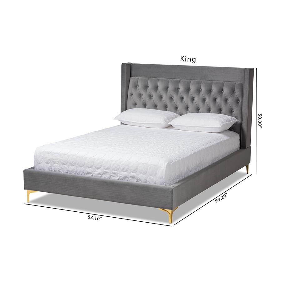 Baxton Studio Valery Modern and Contemporary Dark Gray Velvet Fabric Upholstered Queen Size Platform Bed with Gold-Finished Legs. Picture 10
