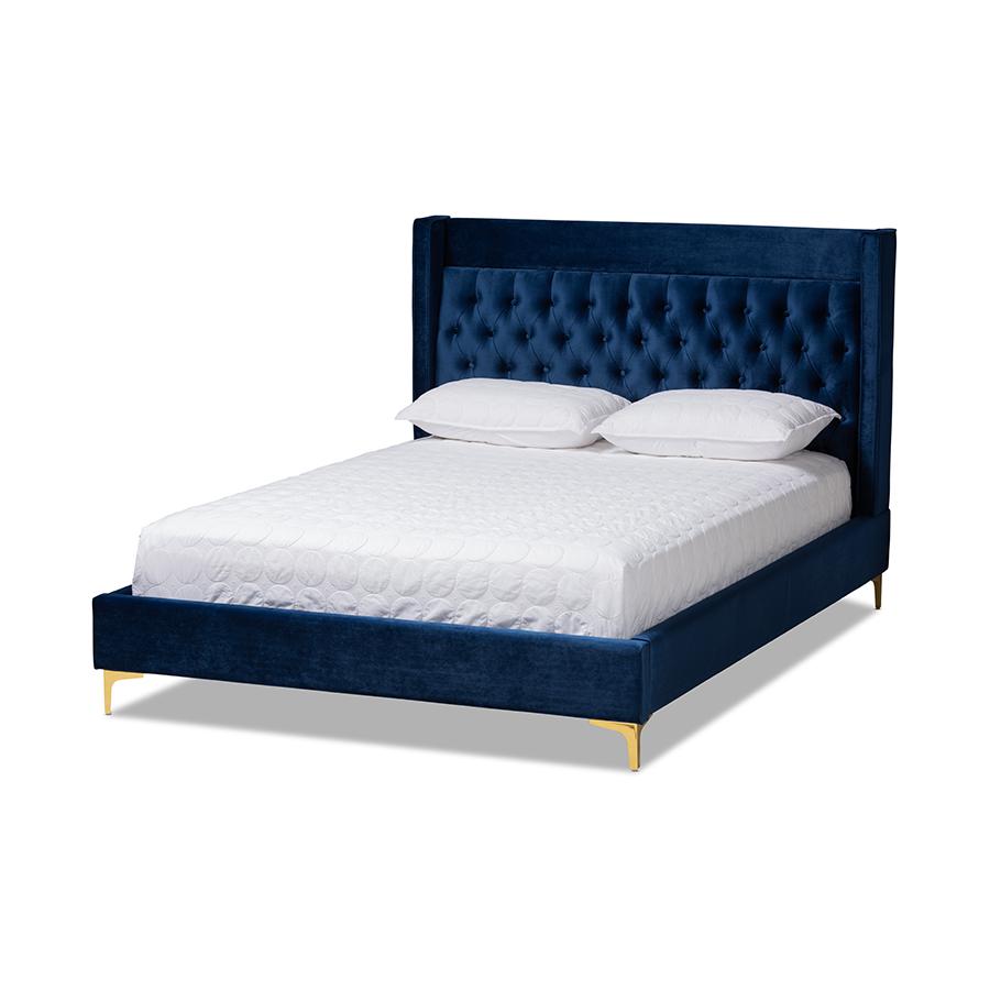Baxton Studio Valery Modern and Contemporary Navy Blue Velvet Fabric Upholstered Queen Size Platform Bed with Gold-Finished Legs. Picture 2