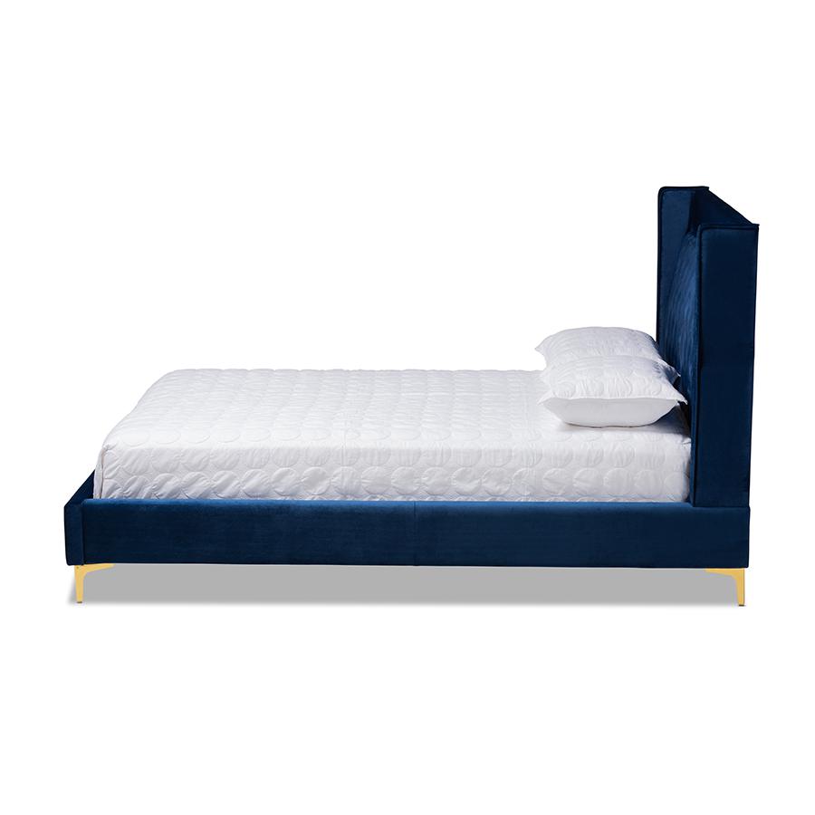Baxton Studio Valery Modern and Contemporary Navy Blue Velvet Fabric Upholstered Queen Size Platform Bed with Gold-Finished Legs. Picture 3