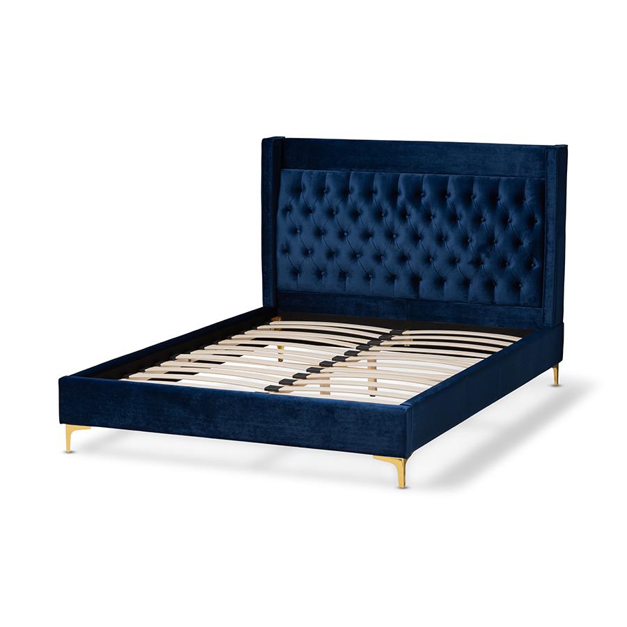 Baxton Studio Valery Modern and Contemporary Navy Blue Velvet Fabric Upholstered Queen Size Platform Bed with Gold-Finished Legs. Picture 4