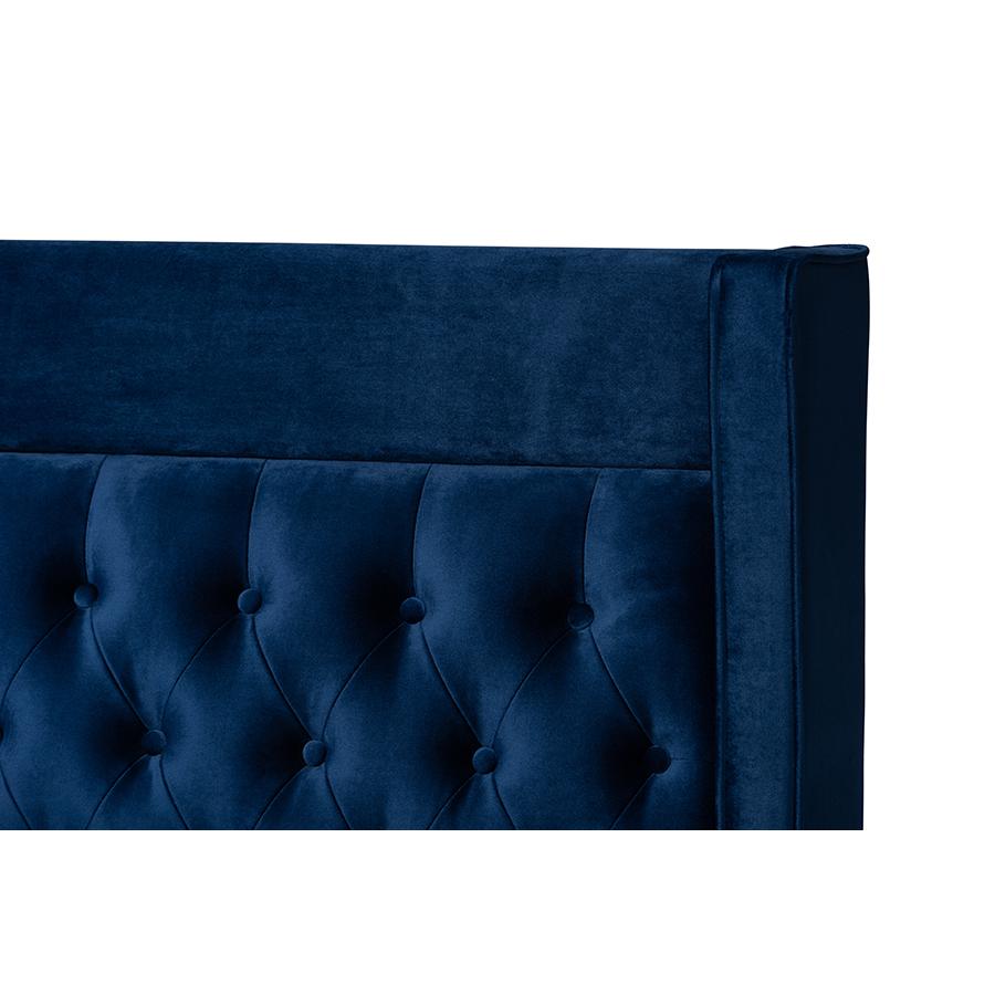 Baxton Studio Valery Modern and Contemporary Navy Blue Velvet Fabric Upholstered Queen Size Platform Bed with Gold-Finished Legs. Picture 5
