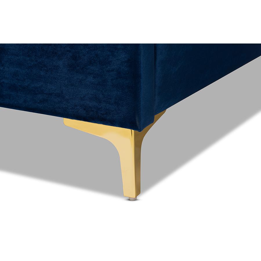 Baxton Studio Valery Modern and Contemporary Navy Blue Velvet Fabric Upholstered Queen Size Platform Bed with Gold-Finished Legs. Picture 6
