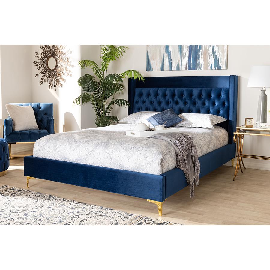 Baxton Studio Valery Modern and Contemporary Navy Blue Velvet Fabric Upholstered Queen Size Platform Bed with Gold-Finished Legs. Picture 1