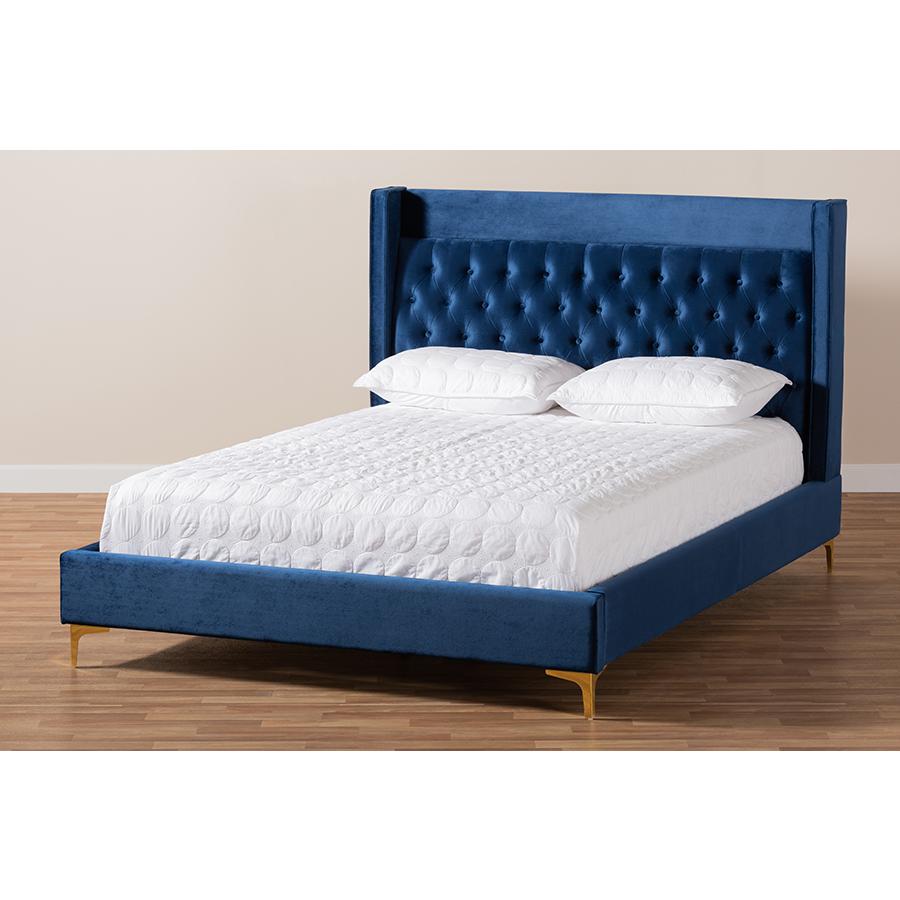 Baxton Studio Valery Modern and Contemporary Navy Blue Velvet Fabric Upholstered Queen Size Platform Bed with Gold-Finished Legs. Picture 8