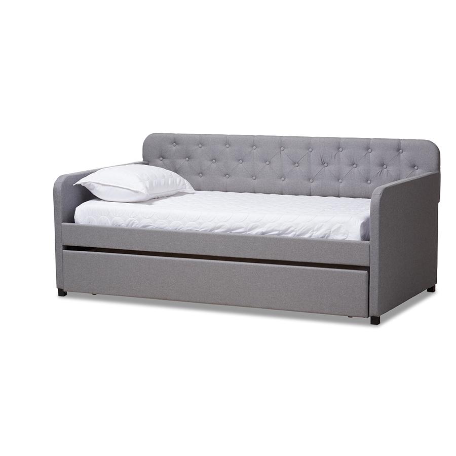 Camelia Modern and Contemporary Grey Fabric Upholstered Button-Tufted Twin Size Sofa Daybed with Roll-Out Trundle Guest Bed. The main picture.