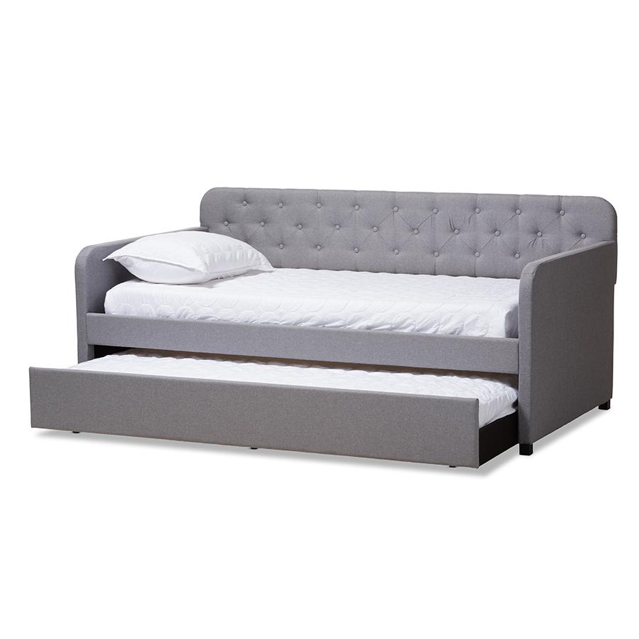 Camelia Modern and Contemporary Grey Fabric Upholstered Button-Tufted Twin Size Sofa Daybed with Roll-Out Trundle Guest Bed. Picture 3