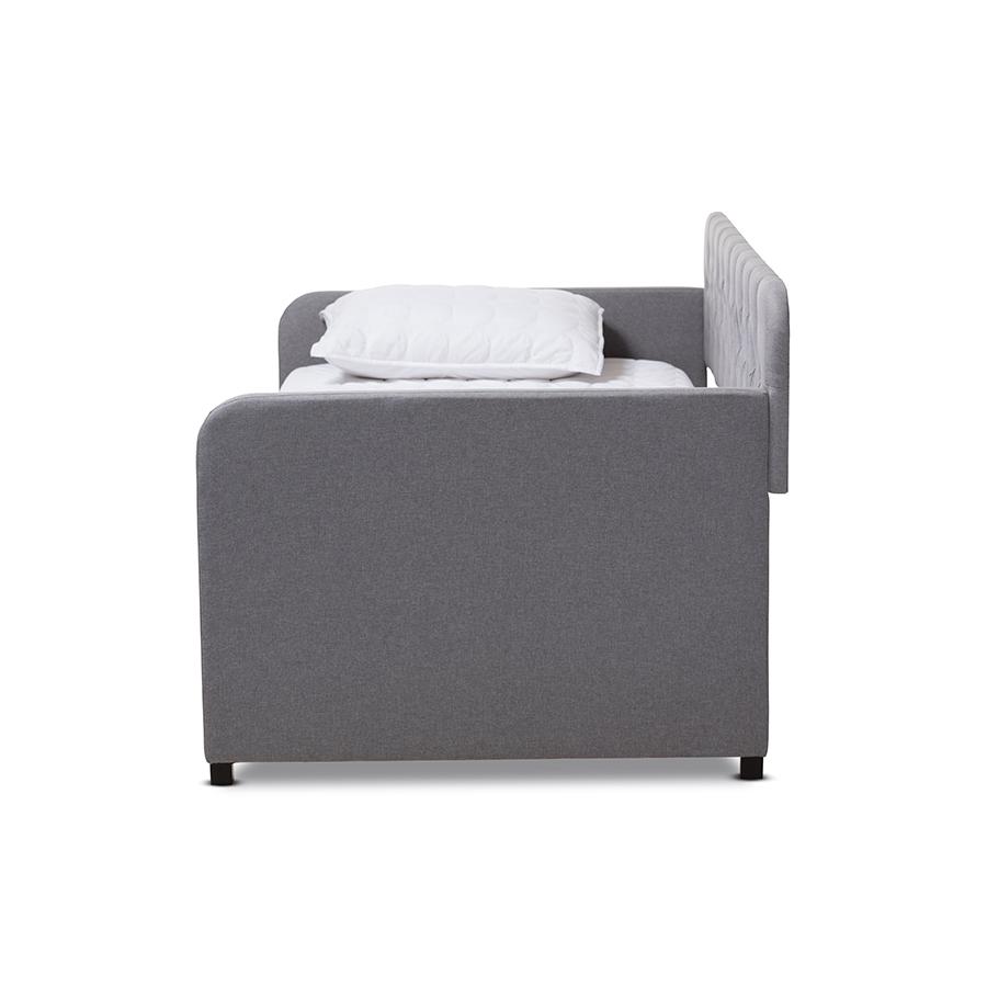 Camelia Modern and Contemporary Grey Fabric Upholstered Button-Tufted Twin Size Sofa Daybed with Roll-Out Trundle Guest Bed. Picture 4