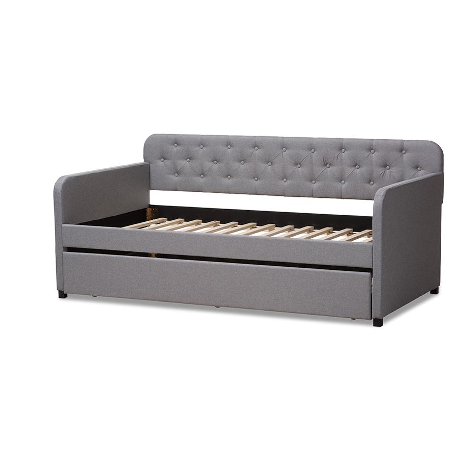 Camelia Modern and Contemporary Grey Fabric Upholstered Button-Tufted Twin Size Sofa Daybed with Roll-Out Trundle Guest Bed. Picture 5