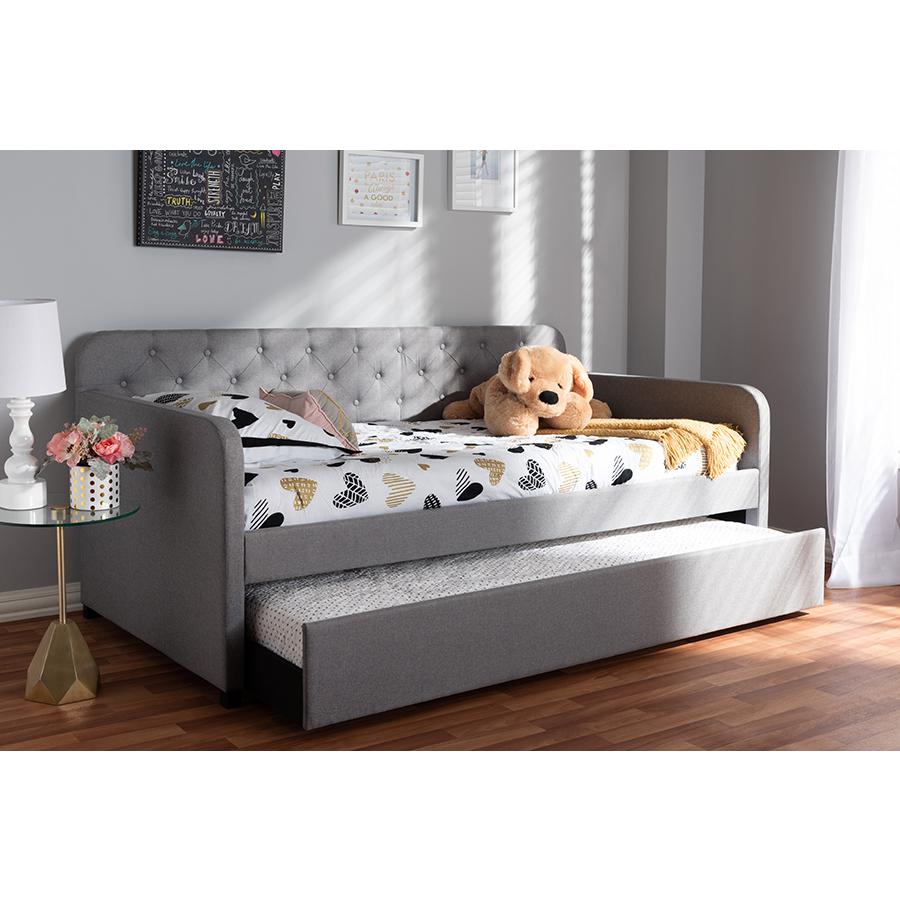 Camelia Modern and Contemporary Grey Fabric Upholstered Button-Tufted Twin Size Sofa Daybed with Roll-Out Trundle Guest Bed. Picture 2