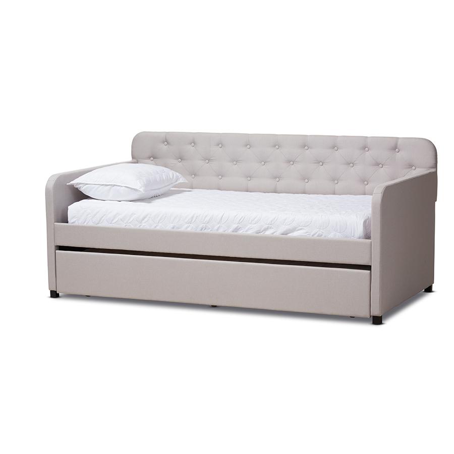 Camelia Modern and Contemporary Beige Fabric Upholstered Button-Tufted Twin Size Sofa Daybed with Roll-Out Trundle Guest Bed. Picture 1