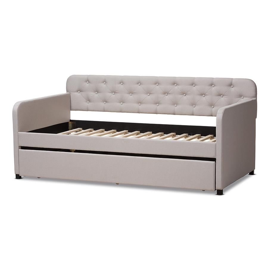 Camelia Modern and Contemporary Beige Fabric Upholstered Button-Tufted Twin Size Sofa Daybed with Roll-Out Trundle Guest Bed. Picture 5