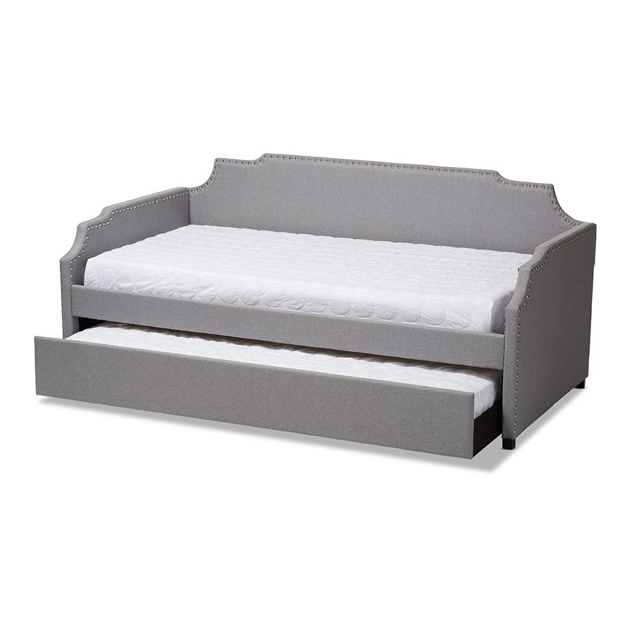Grey Fabric Upholstered Twin Size Sofa Daybed with Roll Out Trundle Guest Bed. Picture 2