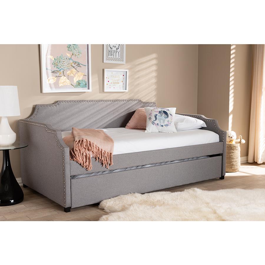 Baxton Studio Ally Modern and Contemporary Grey Fabric Upholstered Twin Size Sofa Daybed with Roll Out Trundle Guest Bed. Picture 8
