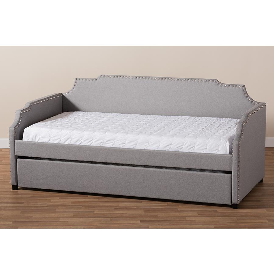 Grey Fabric Upholstered Twin Size Sofa Daybed with Roll Out Trundle Guest Bed. Picture 9