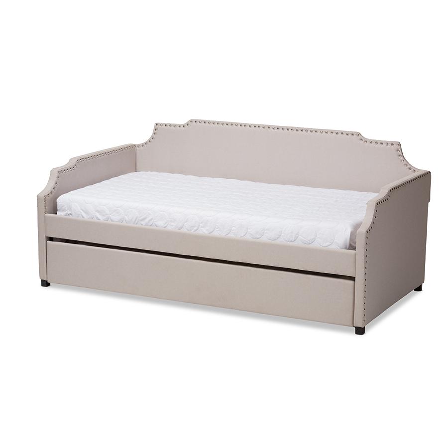 Baxton Studio Ally Modern and Contemporary Beige Fabric Upholstered Twin Size Sofa Daybed with Roll Out Trundle Guest Bed. Picture 2