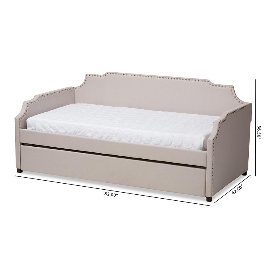 Beige Fabric Upholstered Twin Size Sofa Daybed with Roll Out Trundle Guest Bed. Picture 10