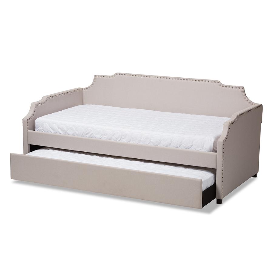 Beige Fabric Upholstered Twin Size Sofa Daybed with Roll Out Trundle Guest Bed. Picture 2