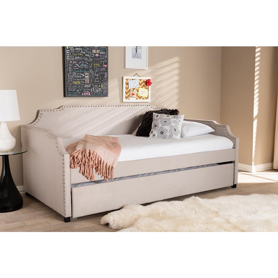 Beige Fabric Upholstered Twin Size Sofa Daybed with Roll Out Trundle Guest Bed. Picture 7
