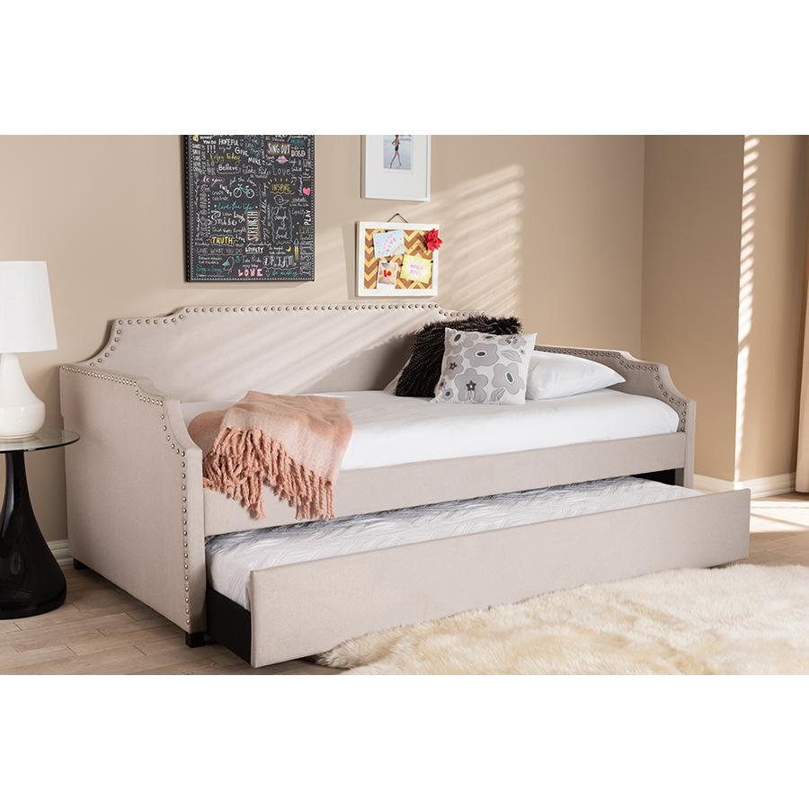 Beige Fabric Upholstered Twin Size Sofa Daybed with Roll Out Trundle Guest Bed. Picture 8