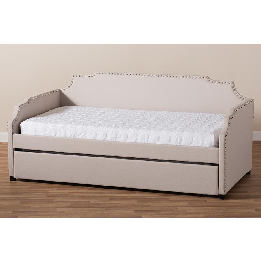 Beige Fabric Upholstered Twin Size Sofa Daybed with Roll Out Trundle Guest Bed. Picture 9
