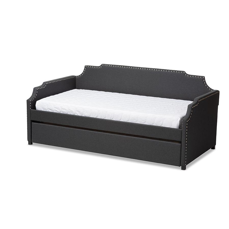 Baxton Studio Ally Modern and Contemporary Charcoal Fabric Upholstered Twin Size Sofa Daybed with Roll Out Trundle Guest Bed. Picture 2