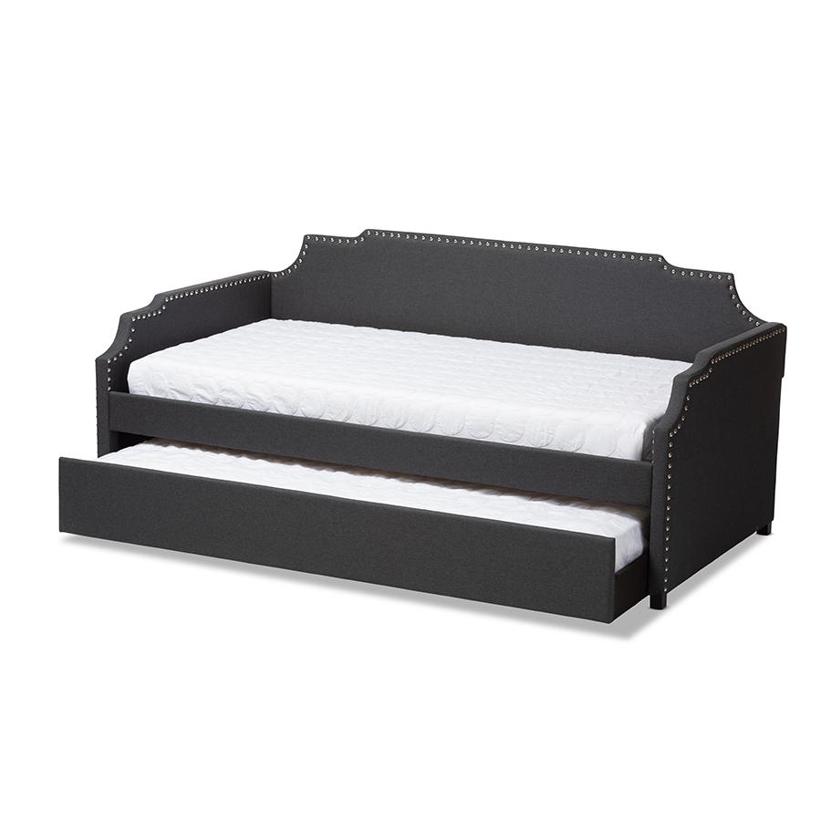 Baxton Studio Ally Modern and Contemporary Charcoal Fabric Upholstered Twin Size Sofa Daybed with Roll Out Trundle Guest Bed. Picture 3