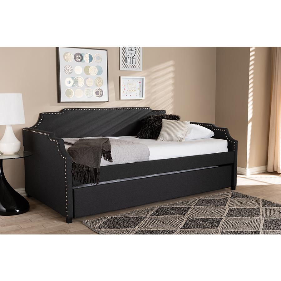 Baxton Studio Ally Modern and Contemporary Charcoal Fabric Upholstered Twin Size Sofa Daybed with Roll Out Trundle Guest Bed. Picture 8