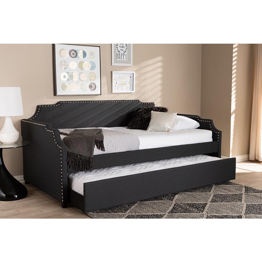 Baxton Studio Ally Modern and Contemporary Charcoal Fabric Upholstered Twin Size Sofa Daybed with Roll Out Trundle Guest Bed. Picture 1
