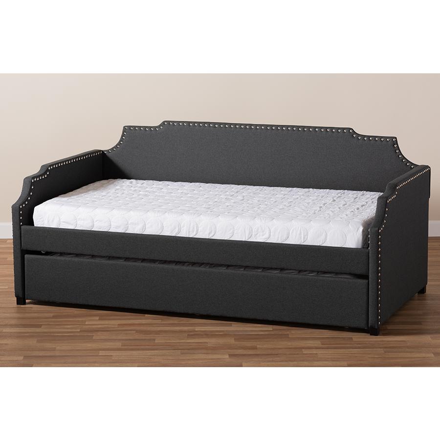 Baxton Studio Ally Modern and Contemporary Charcoal Fabric Upholstered Twin Size Sofa Daybed with Roll Out Trundle Guest Bed. Picture 10