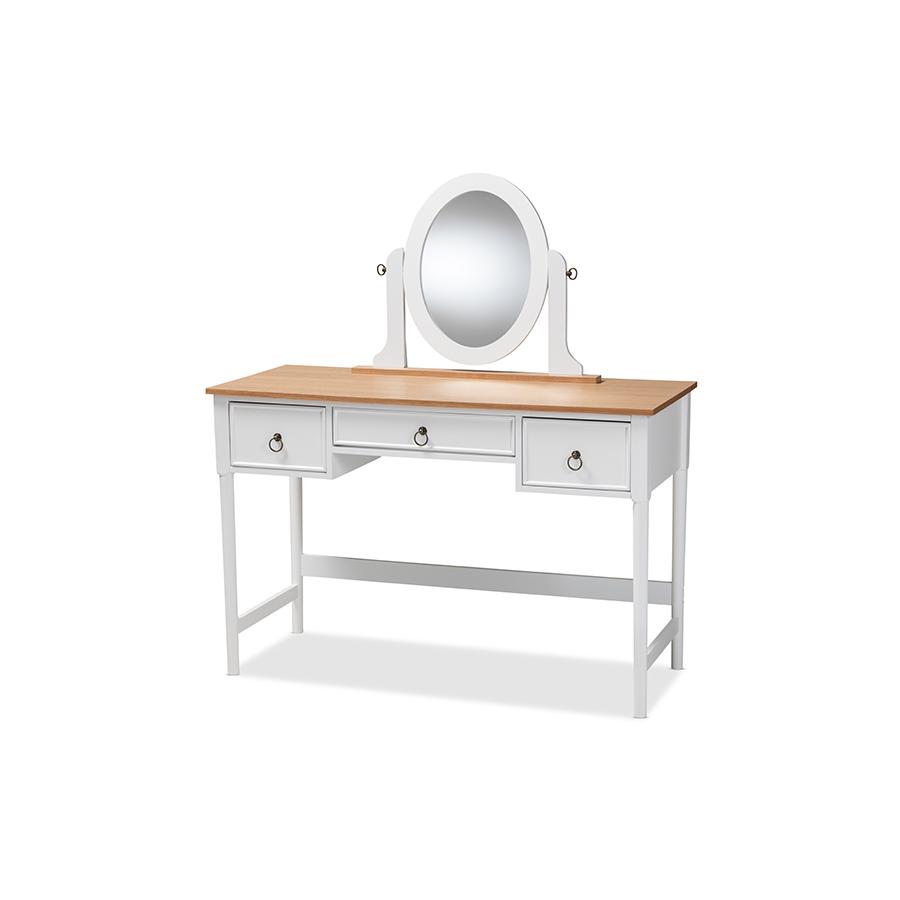 Sylvie Classic and Traditional White 3-Drawer Wood Vanity Table with Mirror. Picture 1