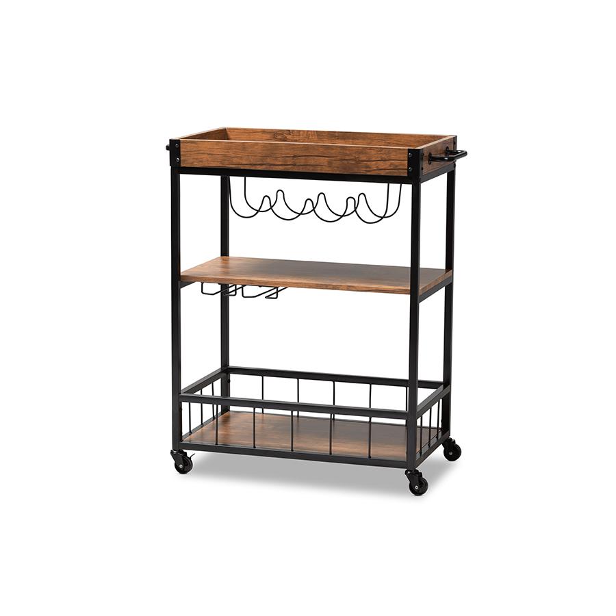 Black Finished Mobile Metal Bar Cart with Wine Bottle Rack. Picture 1