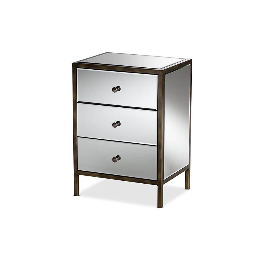 Nouria Modern and Contemporary Hollywood Regency Glamour Style Mirrored Three Drawer Nightstand Bedside Table. Picture 1