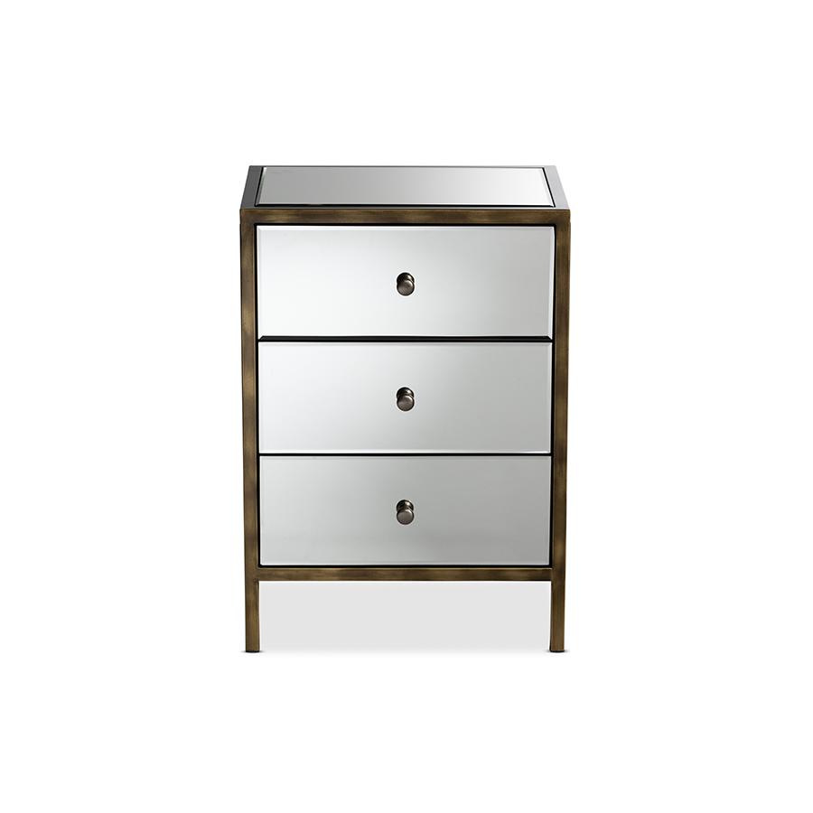 Nouria Modern and Contemporary Hollywood Regency Glamour Style Mirrored Three Drawer Nightstand Bedside Table. Picture 3