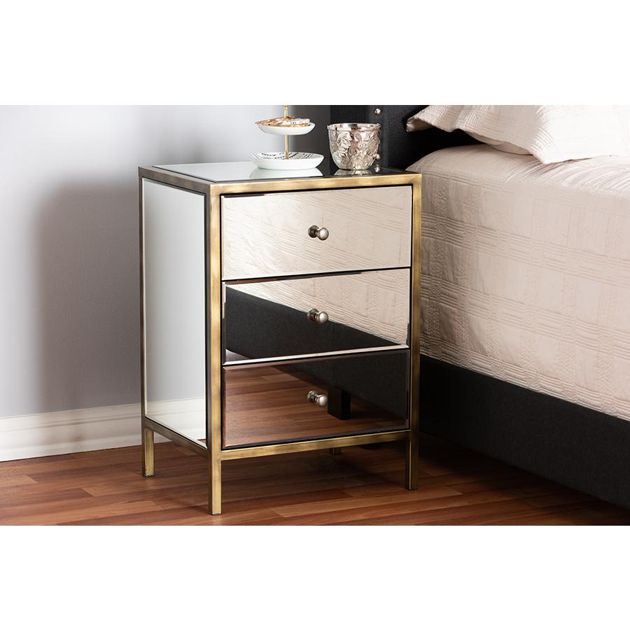 Nouria Modern and Contemporary Hollywood Regency Glamour Style Mirrored Three Drawer Nightstand Bedside Table. Picture 2