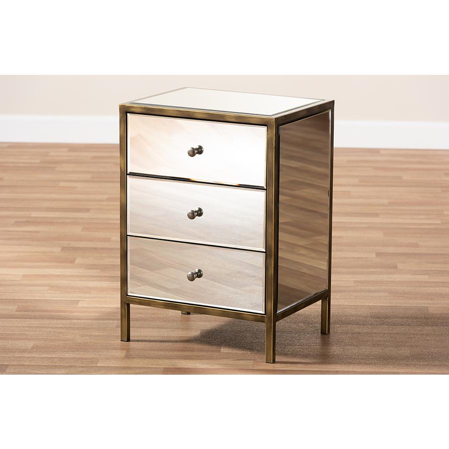 Nouria Modern and Contemporary Hollywood Regency Glamour Style Mirrored Three Drawer Nightstand Bedside Table. Picture 7