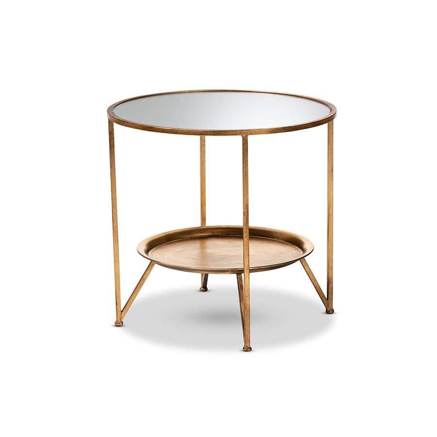 Baxton Studio Tamsin Modern and Contemporary Antique Gold Finished Metal and Mirrored Glass Accent Table with Tray Shelf. Picture 2