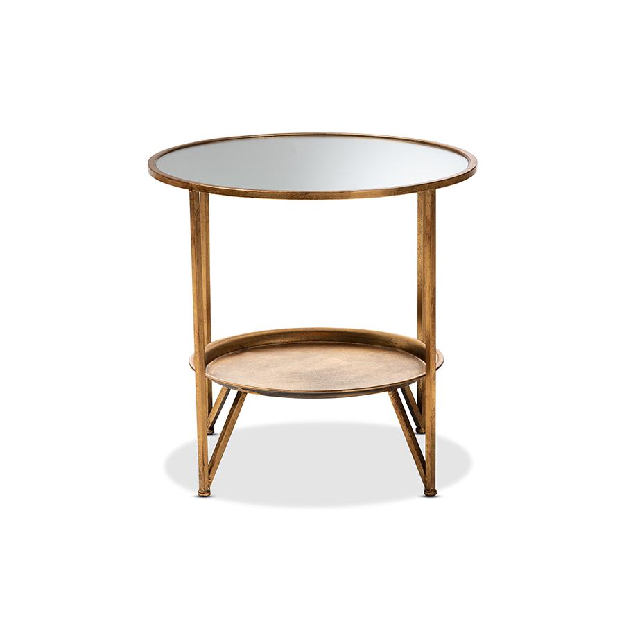 Baxton Studio Tamsin Modern and Contemporary Antique Gold Finished Metal and Mirrored Glass Accent Table with Tray Shelf. Picture 3