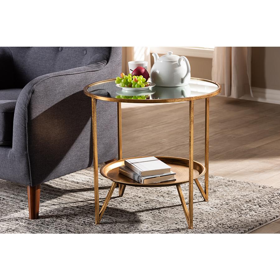 Baxton Studio Tamsin Modern and Contemporary Antique Gold Finished Metal and Mirrored Glass Accent Table with Tray Shelf. Picture 1