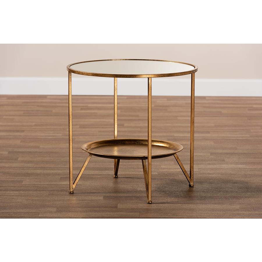 Baxton Studio Tamsin Modern and Contemporary Antique Gold Finished Metal and Mirrored Glass Accent Table with Tray Shelf. Picture 6