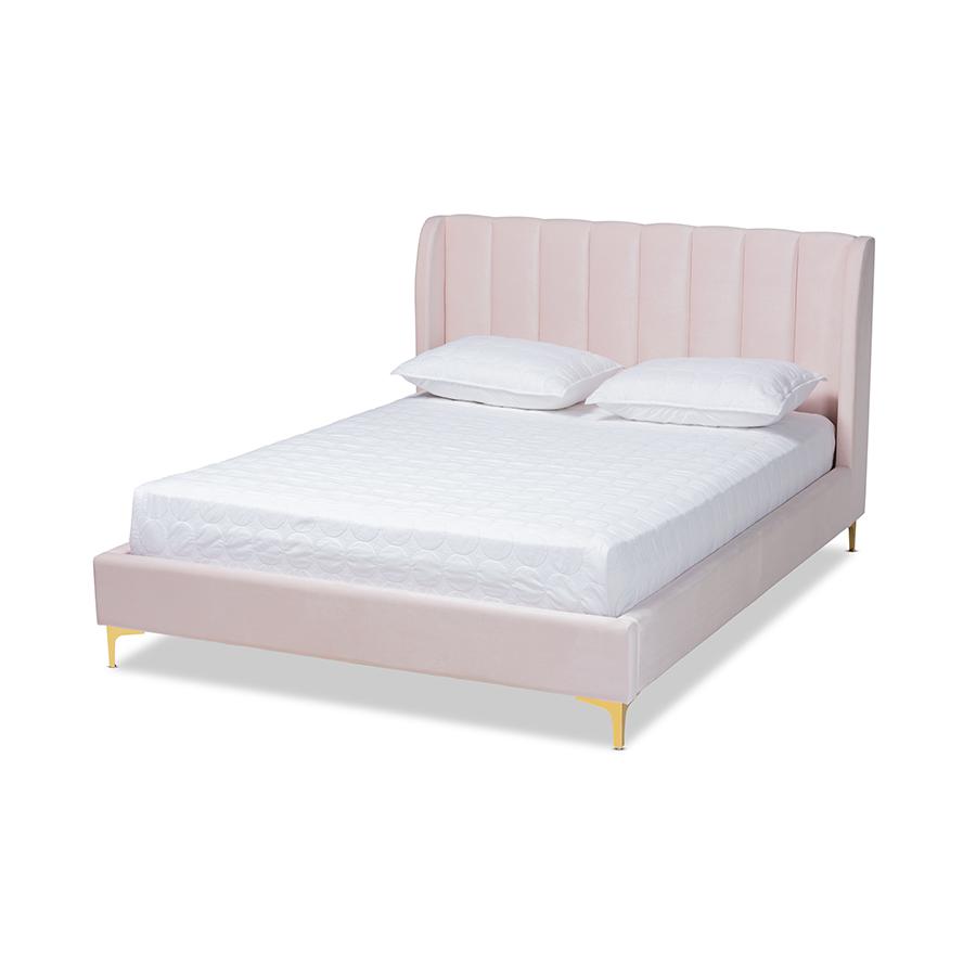 Baxton Studio Saverio Glam and Luxe Light Pink Velvet Fabric Upholstered Queen Size Platform Bed with Gold-Tone Legs. Picture 1