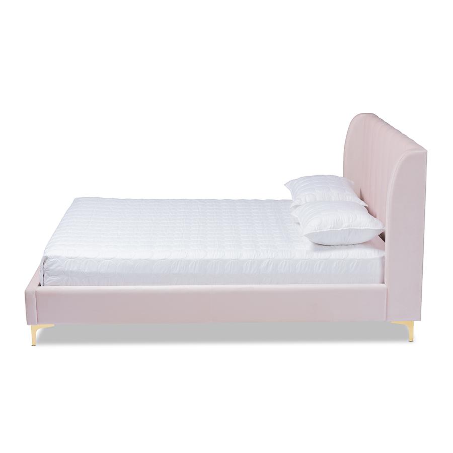Baxton Studio Saverio Glam and Luxe Light Pink Velvet Fabric Upholstered Queen Size Platform Bed with Gold-Tone Legs. Picture 2