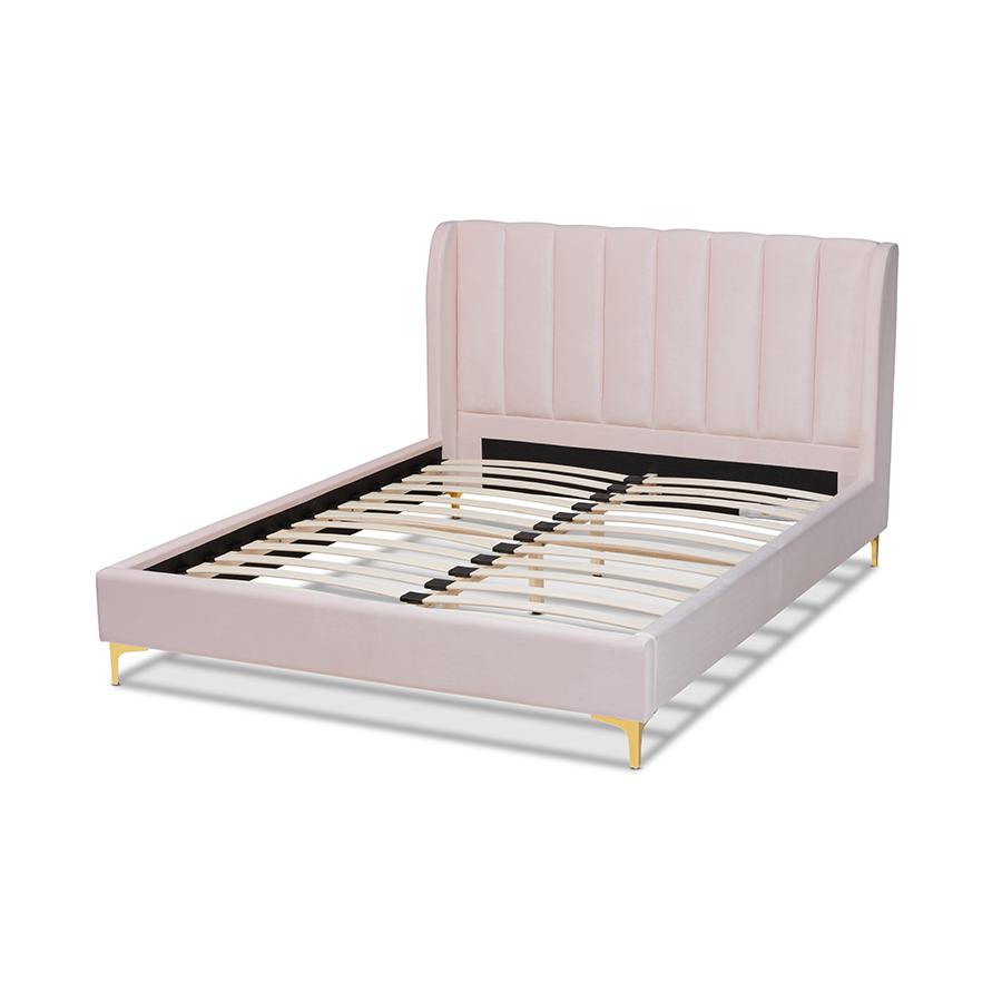 Baxton Studio Saverio Glam and Luxe Light Pink Velvet Fabric Upholstered Queen Size Platform Bed with Gold-Tone Legs. Picture 3