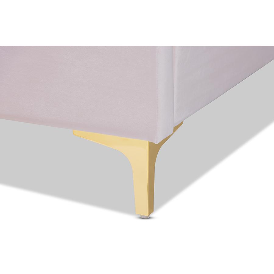 Baxton Studio Saverio Glam and Luxe Light Pink Velvet Fabric Upholstered Queen Size Platform Bed with Gold-Tone Legs. Picture 5