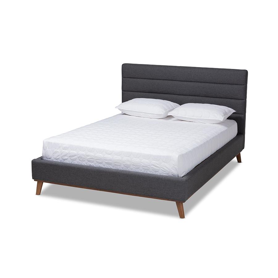Erlend Mid-Century Modern Dark Grey Fabric Upholstered Queen Size Platform Bed. Picture 1