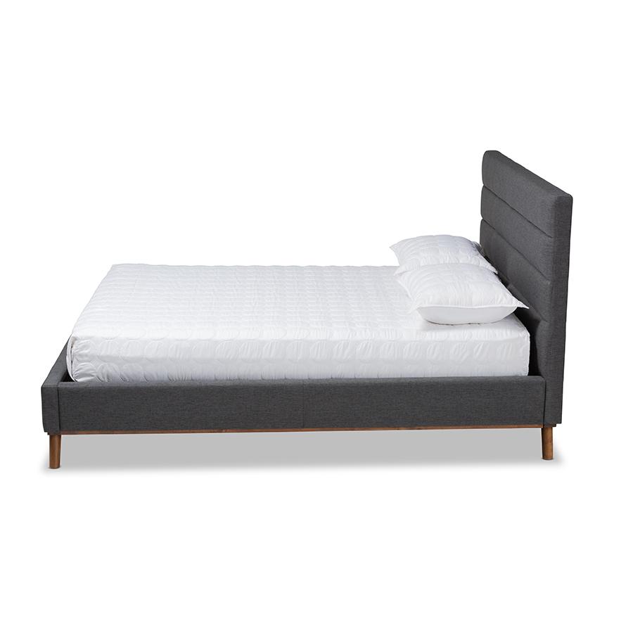 Erlend Mid-Century Modern Dark Grey Fabric Upholstered Queen Size Platform Bed. Picture 2