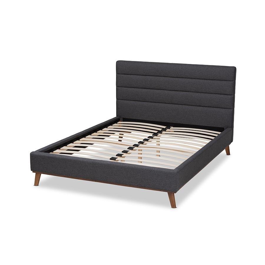 Erlend Mid-Century Modern Dark Grey Fabric Upholstered Queen Size Platform Bed. Picture 3